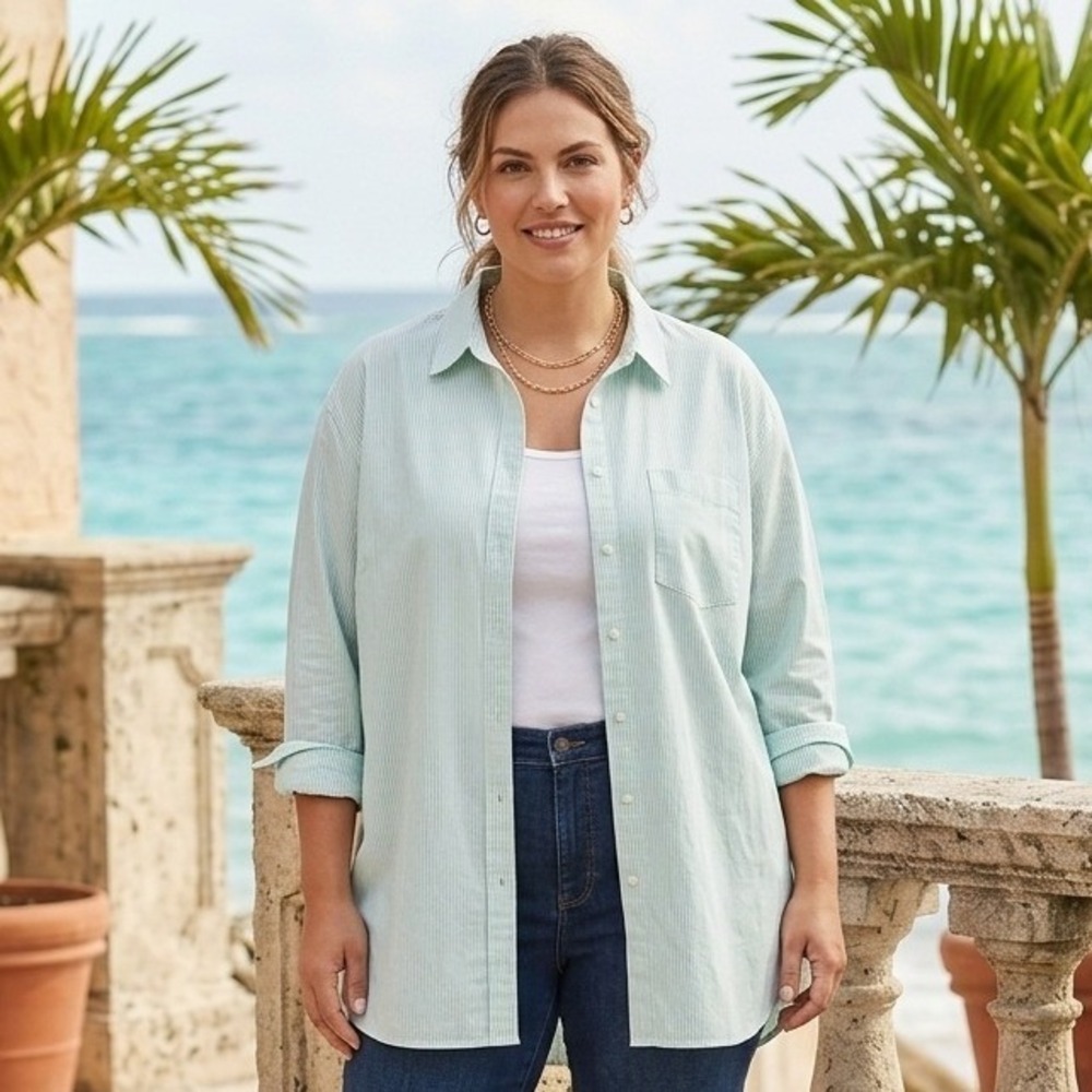 Lands' End Poplin Tunic Womens XL 18 Misty Aqua Stripe No Iron Cotton NWT NEW